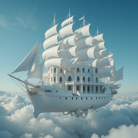 Un barco virtual con velas blancas flota sobre nubes en un cielo azul claro, combinado con una estructura arquitectónica de estilo clásico.