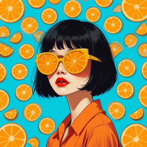 Ilustración de una mujer con gafas grandes en forma de naranja, sobre un fondo azul decorado con rodajas de naranja.