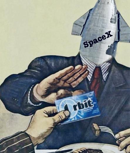 An old Soviet propaganda poster of a man saying NO to vodka at dinner, but the man has a rocket head labelled SpaceX, and instead of vodka it’s Orbit gum.