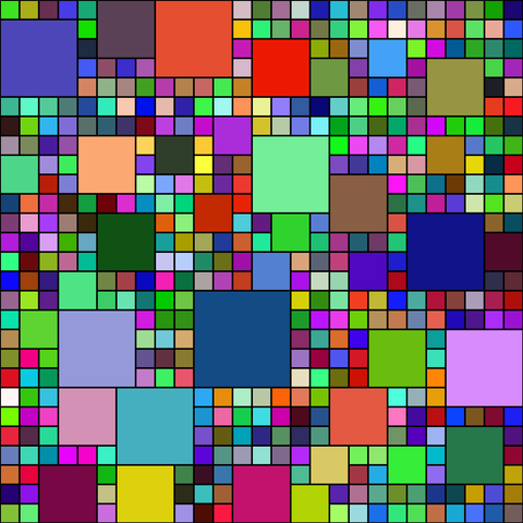 A computer generated picture of multicoloured squares of various sizes packed into a 27 by 27 grid