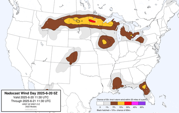 0z Day #Wind Forecast - map of the United States depicting areas of wind risk using various colors