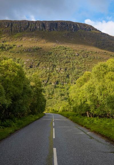 Heading towards a tree covered cliff.