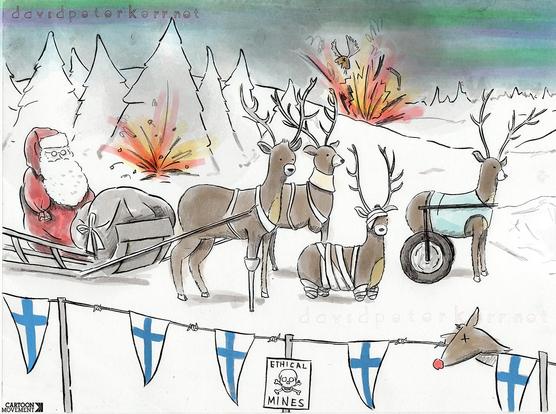 Santa’s sleigh and reindeer are in a snowy forest with explosions in the background. Several reindeer are injured and bandaged, one has a wheel for a leg. In the foreground is a line with with Finnish flags and a sign reading “Ethical Mines.”