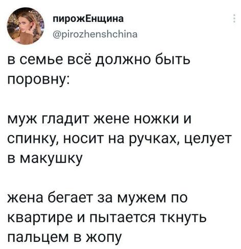 Скриншот заметки из X от пользователя с прозвищем «пирожЕнщина» и адресом «@pirozhenshchina». На аватарке белая девушка-блондинка на светлом фоне в одежде цвета дерева. Текст заметки: «В семье всё должно быть поровну: муж гладит жене ножки и спинку, носит на ручках, целует в макушку, жена бегает за мужем по квартире и пытается ткнуть пальцем в жопу.»