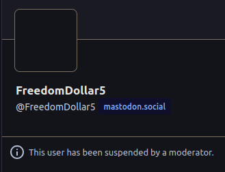 Screenshot showing @FreedomDollar5@mastodon.social has been suspended by moderators of mastodon.social's moderators.
