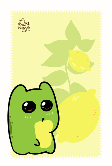 A postal with a simple frogggelio and lemons at the background in yellow and green colors.

Una postal con un Froggelio sencillo y limones de fondo en colores amarillos y verdes.