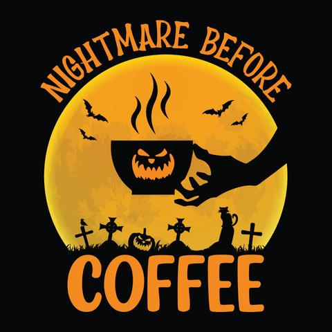 Plakat mit der Aufschrift "Nightmare Before Coffee" im Halloween Stil.