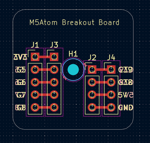 A screenshot of kicad showing a simple PCB design with four columns of SIL headers. "M5Atom Breakout Board" is written at the top. The pins are labelled 3V3, GND, 5V, G39, et cetera.