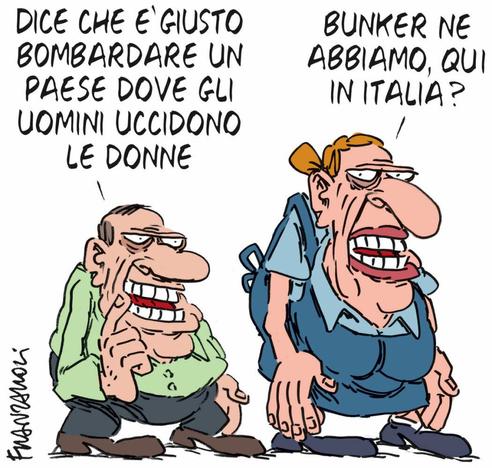 Nel disegno, un uomo commenta: "Dice che è giusto bombardare un Paese dove gli uomini uccidono le donne".
"Bunker ne abbiamo, qui in Italia?", gli domanda una signora.