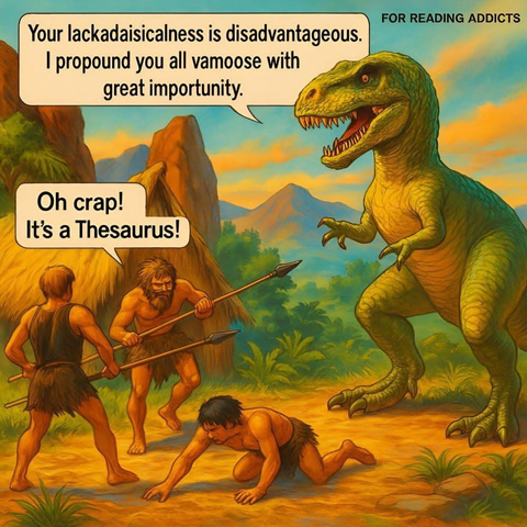 Big dino: 
Your lackadaisicalness is disadvantageous. I propound you all vamoose with ™ great importunity. . .
Cavern men hunter:
Oh crap!!,  It's a Thesaurus!