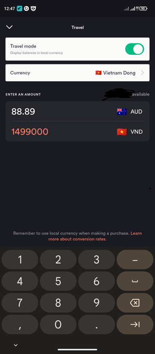 Android mobile phone screenshot. The currency exchange rate is showing 1,499,000 (just about 1.5 million) VND goes for $88.89 AUD