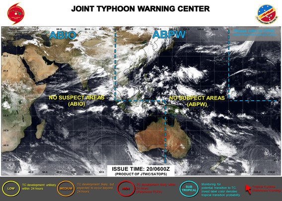 ABPW10 PGTW 200600
MSGID/GENADMIN/JOINT TYPHOON WRNCEN PEARL HARBOR HI//
SUBJ/SIGNIFICANT TROPICAL WEATHER ADVISORY FOR THE WESTERN AND SOUTH 
PACIFIC OCEANS/200600Z-210600ZJUN2025//
RMKS/
1. WESTERN NORTH PACIFIC AREA (180 TO MALAY PENINSULA):
   A. TROPICAL CYCLONE SUMMARY: NONE.
   B. TROPICAL DISTURBANCE SUMMARY: NONE.
   C. SUBTROPICAL SYSTEM SUMMARY: NONE.
2. SOUTH PACIFIC AREA (WEST COAST OF SOUTH AMERICA TO 135 EAST):
   A. TROPICAL CYCLONE SUMMARY: NONE.
   B. TROPICAL DISTURBANCE SUMMARY: NONE.
   C. SUBTROPICAL SYSTEM SUMMARY: NONE.//
NNNN