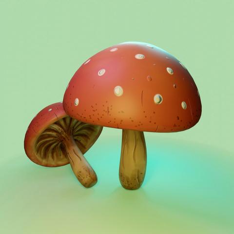 3d-rendering of a big mushroom with a red cap with white dots on it and a smaller copy of it next to it, showing the underside on a rather abstract light-green background.