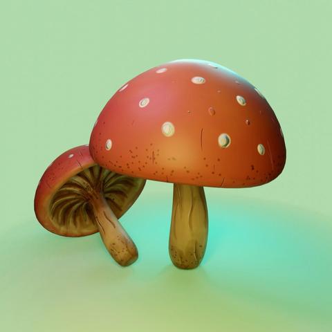 3d-rendering of a big mushroom with a red cap with white dots on it and a smaller copy of it next to it, showing the underside on a rather abstract light-green background.