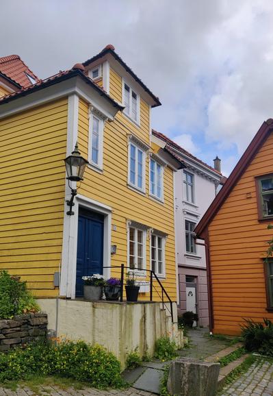Photography of brightly colored small wooden houses in narrow cobbled alleys.