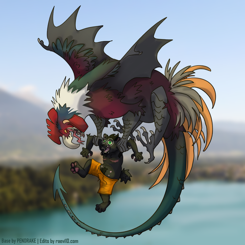 a cockatrice flying in the air holding an anthro black cat by the arms as they flail over a lake