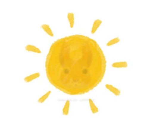 Picture a child like painting of the bright yellow sun with the face of a squirrel in the centre of the sun painted in slightly darker shades of yellow. 
Credit : Donated by a Peep.