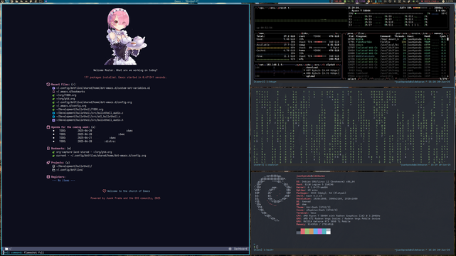 Screenshot of my DWM setup showcasing the dashboard of Emacs, btop, cmatrix and neofetch.
