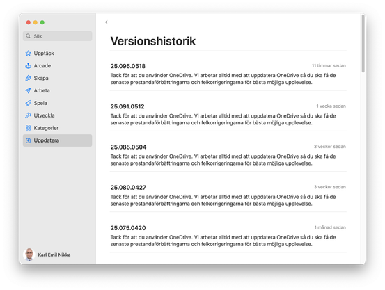 Screenshot of OneDrive’s changelog in the Mac App Store.