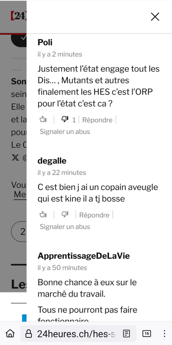 Contenu des images ci-dessus:
Poli
il y a 13 minutes

Justement l’état engage tout les Dis… , Mutants et autres finalement les HES c’est l’ORP pour l’état c’est ca ?
|||
degalle
il y a 33 minutes

C est bien j ai un copain aveugle qui est kine il a tj bosse
|||
ApprentissageDeLaVie
il y a 1 heure

Bonne chance à eux sur le marchê du travail.

Tous ne pourront pas faire fonctionnaire.
|||