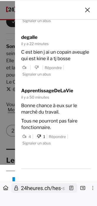 degalle
il y a 33 minutes

C est bien j ai un copain aveugle qui est kine il a tj bosse
|||
ApprentissageDeLaVie
il y a 1 heure

Bonne chance à eux sur le marchê du travail.

Tous ne pourront pas faire fonctionnaire.
|||