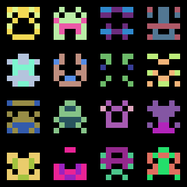 a 4x4 grid of multicolored 6x6 pixel aliens a la space invaders