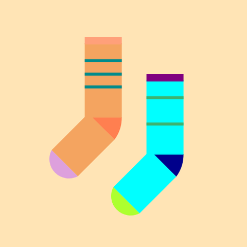 Two socks: One is a SandyBrown sock with a Coral heel, a Plum toe, and a LightSalmon cuff, with three DarkCyan stripes on the leg, and the other is an Aqua sock with a DarkBlue heel, a GreenYellow toe, and a Purple cuff, with two MediumSeaGreen stripes on the leg, all on a Moccasin background.