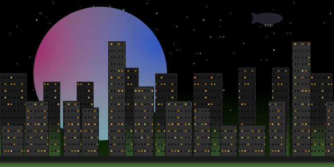 an svg drawing of a cityscape in front of a starry night sky with a large pastel moon hanging background