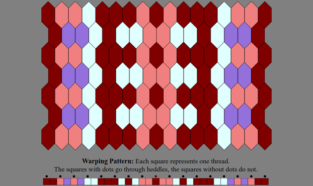 An Inkle weaving diagram and warping pattern in the color sequence listed in the text description: The warping pattern is a line of colored boxes with small dots above every other one, above which it states: "Warping Pattern: Each square represents one thread. The squares with dots go through heddles, the squares without dots do not." The weaving diagram is a series of tessellated lozenge shaped tiles illustrating how the pattern will appear when woven.