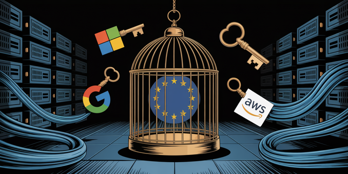 A detailed digital illustration depicting a gleaming golden birdcage, prominently featuring a stylized European star constellation (EU flag) suspended within. Around the cage, the logos of Microsoft, Google, and AWS are presented as ornate keyholders, each crafted with intricate detail and a metallic sheen. The background showcases a vast, looming cityscape constructed from rows of servers and flowing data streams, creating a slightly ominous atmosphere, illuminated by cool, blue-toned light. The scene evokes a sense of technological control and interconnectedness, with the birdcage symbolizing a contained digital realm.
