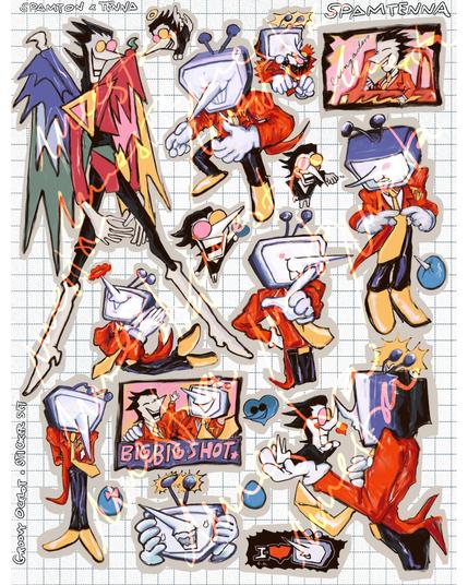 Spamtenna sticker sheet. It depicts many little spamtons and tennas im different poses, a spamton neo and two spamtenna kisses, one nose to nose and one mouth to mouth