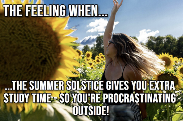 Meme showing a woman who dances happily on a sunny day in a sunflower field. Text: “The feeling when the summer solstice gives you extra study time – so you’re procrastinating outside!”