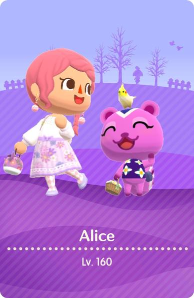 My level 160 Camper Card. Purple background. Two characters posing in the foreground. One is my character, Alice, a pink-haired white lady. The other is my lil animal buddy, a pink squirrel named Peanut. We’re dressed in flowery spring clothes, and Peanut has a yellow bird perched on top of her head.