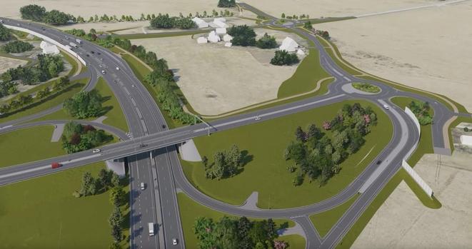 Screenshot from a video of a new highway development. 3D-rendering of a plan, from a fly-over. Shows asphalted roads and a large highway junction with a bridge. Some cycle lanes and sidewalks are visible. There are little cars on the roads.