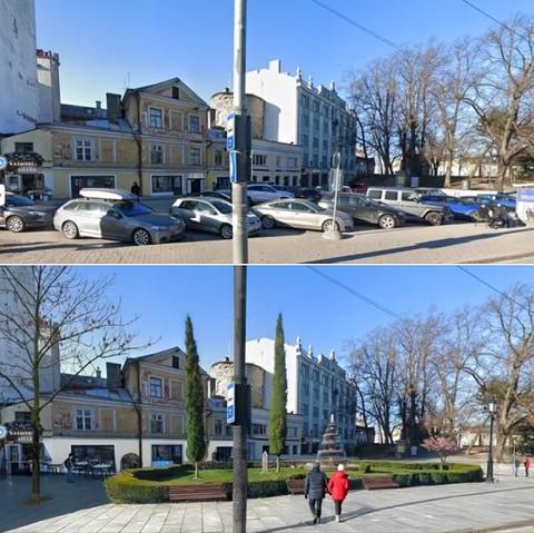 Two photos of the same place in the center of Tallinn, which are exactly the same, but the bottom one was adjusted. "Before" picture on top, "After" below. On top there is a parking lot with many cars, on the bottom — a park with benches a trees.