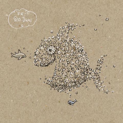 The drawing shows a very tiny whale, who produces a huge cloud of air bubbles. The bubbles form the shape of an enormous smiling fish, which startles a nearby shark. The upper left corner reads: „FR. 20. Juni“.
Black and white ink on grey, textured paper. 
 
Die Zeichnung zeigt einen winzig kleinen Wal, der eine riesige Wolke aus Luftblasen ausstößt. Die Blasen ergeben die Form einers riesigen, lächelnden Fisches.  Ein vorbeischwimmender Hai guckt verdutzt auf den Luftblasenfisch. Oben links steht das Datum „FR. 20. Juni“.
Schwarze und weiße Tinte auf grauem, gesprenkeltem Papier.