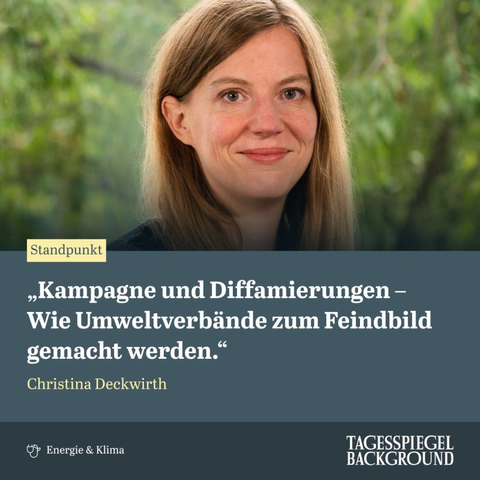 Standpunkt: Kampagne und Diffamierungen - wie Umweltverbände zum Feindbild gemacht werden. Christina Deckwirth. Tagesspiegel Background Energie und Klima. Portraitbild von Christina Deckwirth