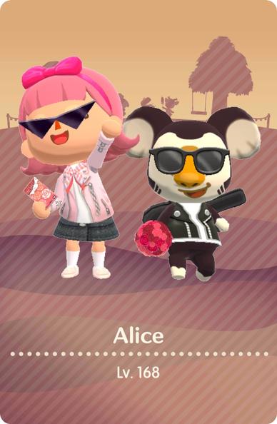My level 168 Camper Card. Sepia and brown background. Two characters posing in the foreground. One is my character, Alice, a pink-haired white lady. The other is my animal buddy, a cool koala named Eugene. We’re dressed like 1950s greasers in leather jackets and sunglasses. His jacket is black, while mine is pink.