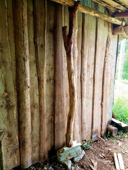 The old support, now debarked and standing on the new concrete bottom, plus some wedges to shove it into place. It's actually just an unprocessed piece of tree with a fork at the top holding the crossbeam and another one lower down.