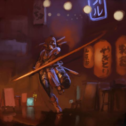 Digital painting of female cyberpunk ninja swinging glowing katana around, with Japanese bar signage around her
