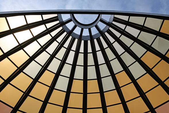 This year's pop-up pavilion designed by Marina Tabassum (b.1969, Dhaka, Bangladesh). Called 'A Capsule in Time', it is constructed of timber and translucent brown polycarbonate panels. Here, looking up at south end section. By the Serpentine South gallery, City of Westminster, London.
