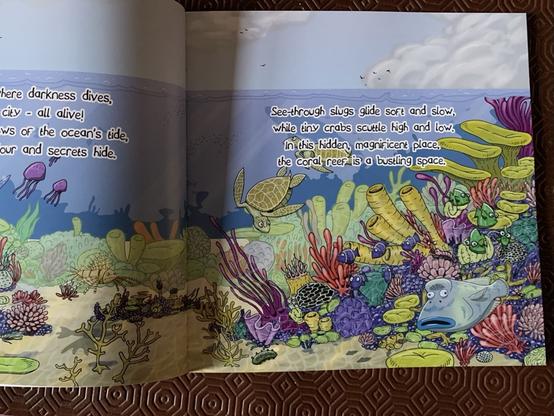 Page of the book Coral Rescue showing a cartoon illustration of a coral reef and some of the marine life found there