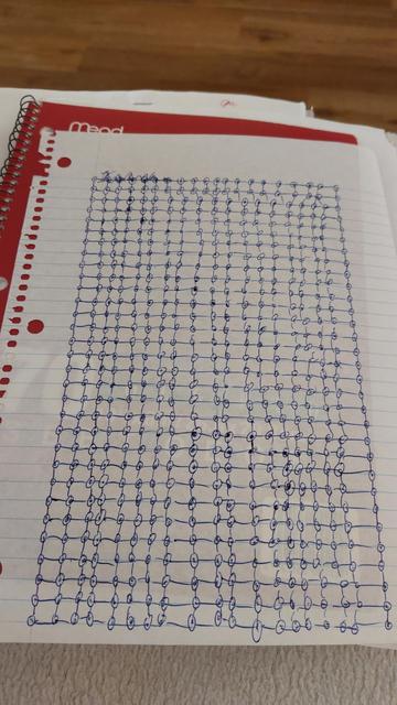 A whole letter sized page covered in accurately alligned dots. All dots are individually encircled and connected with mostly 90 degree lines to bordering dots.