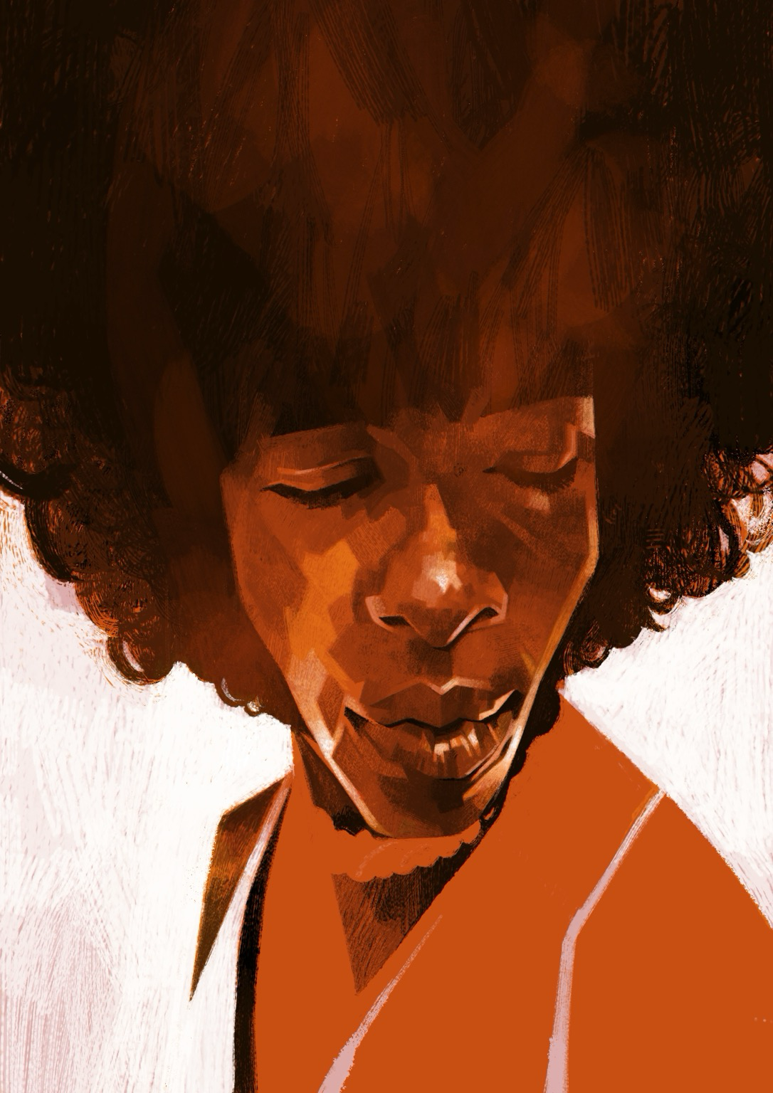 A drawing of Sly Stone in orange tones.