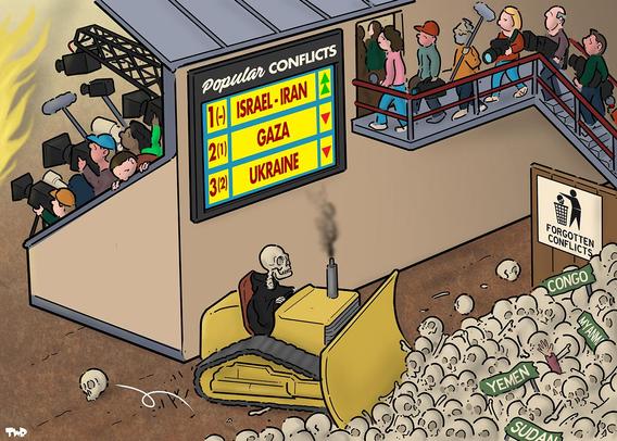 A bulldozer driven by a skeleton pushes skulls labeled with countries like Yemen and Congo in a corner labeled 'forgotten conflicts'. Above, a scoreboard lists “Popular Conflicts” (Israel-Iran, Gaza, Ukraine) as reporters and spectators watch.