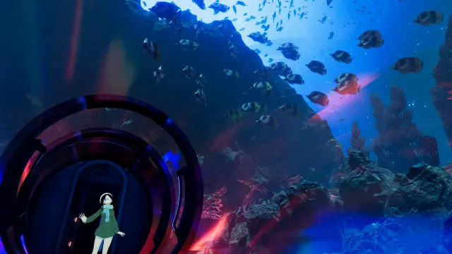 VR photo of one of my VRChat characters, Lia (shorter anime girl with brown-green hair, thick-rim glasses, a scarf, green pullover, wearing a white cap).
She's walking inside a large transparent tube, that is located under the ocean.