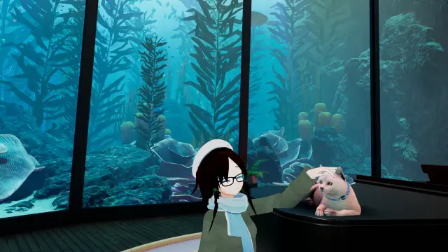 VR photo of one of my VRChat characters, Lia (shorter anime girl with brown-green hair, thick-rim glasses, a scarf, green pullover, wearing a white cap).
She's petting a white cat that is lying on top of a piano in the undersea building she's located in, while the ocean floor is visible in the back through large windows.