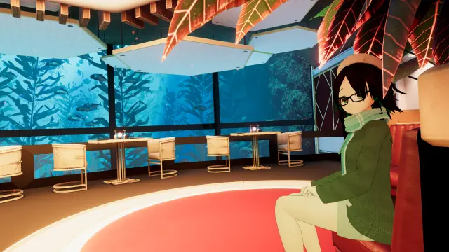 VR photo of one of my VRChat characters, Lia (shorter anime girl with brown-green hair, thick-rim glasses, a scarf, green pullover, wearing a white cap).
She's sitting in a bar, that got large windows looking outside to the ocean floor, suggesting the building is located underwater.