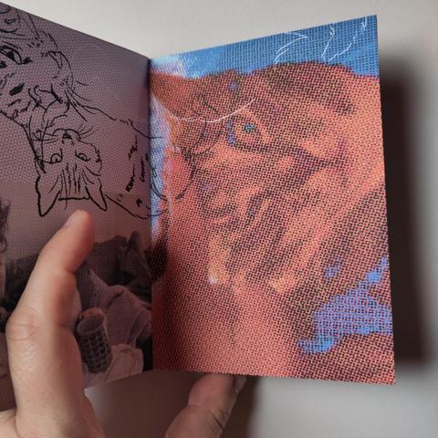 Photographie du fanzine PATOUNES sur Patate ouvert sur fond blanc, photographies du chat modifié avec des textures CMJN, avec des croquis en surimpression