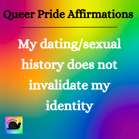 A rainbow gradient background with black writing at the top that says "Queer Pride Affirmations". Under that, in white, it says "My dating/sexual history does not invalidate my identity"